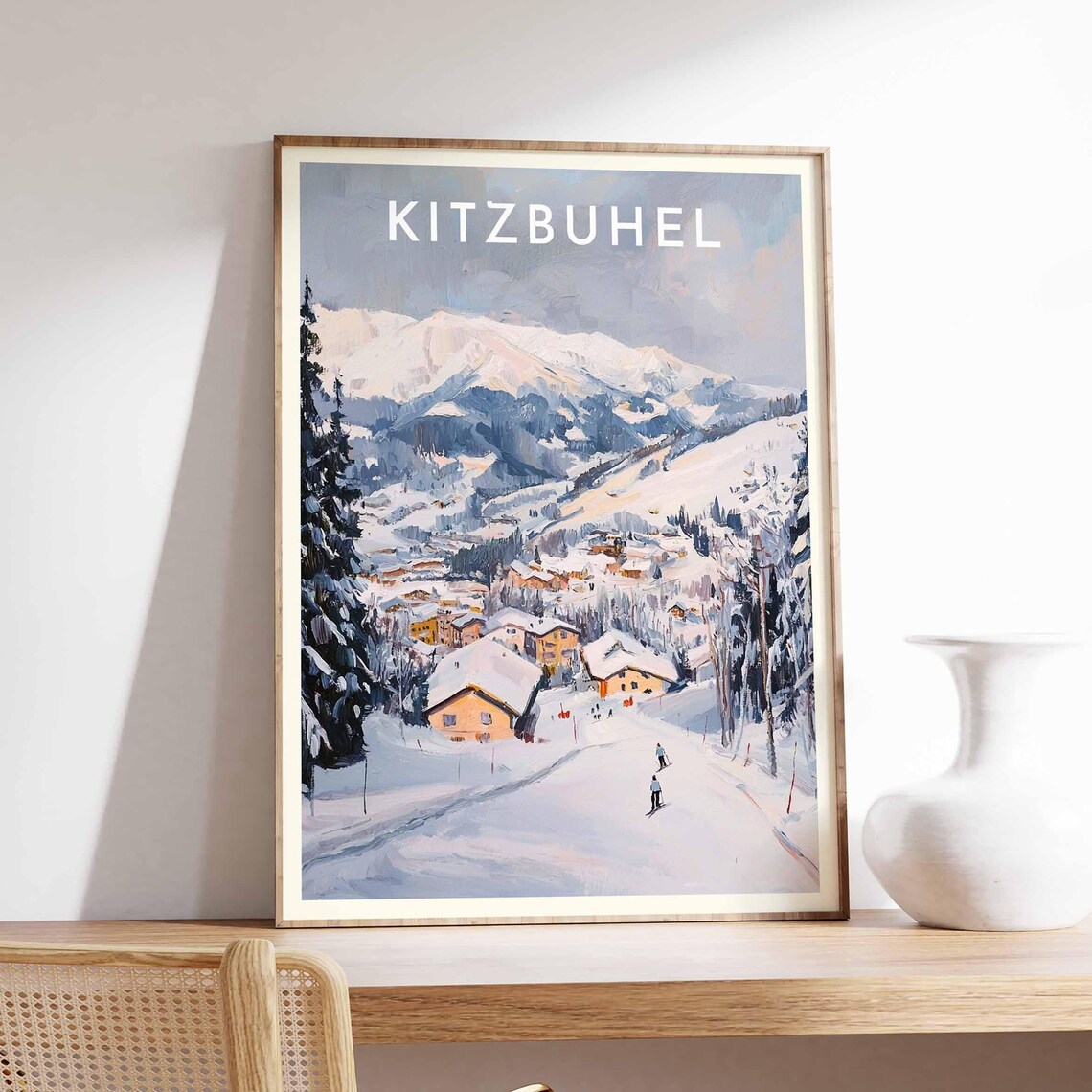 Kitzbuhel Austria Painterly Skiers On Village Street Travel Poster