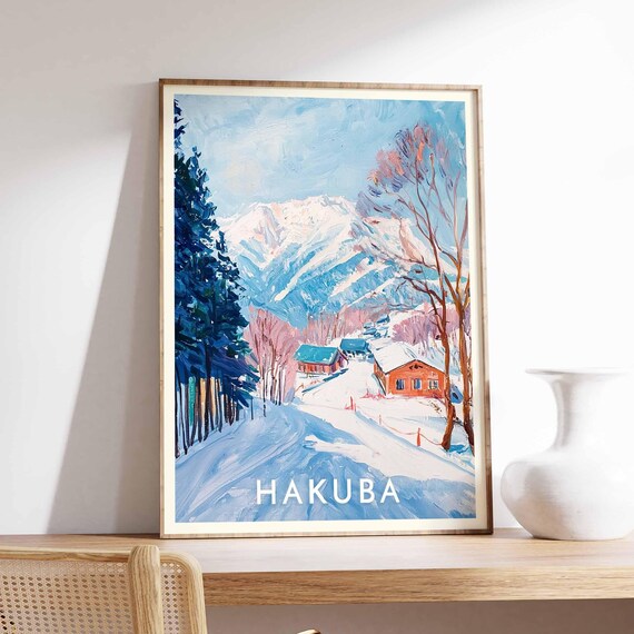 Hakuba Japan Pastel Village Red Cabins Ski Travel Scene Poster