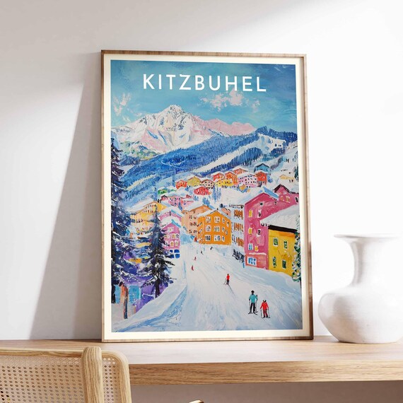 Kitzbuhel Austria Painterly Colorful Street Skiers Vintage Poster