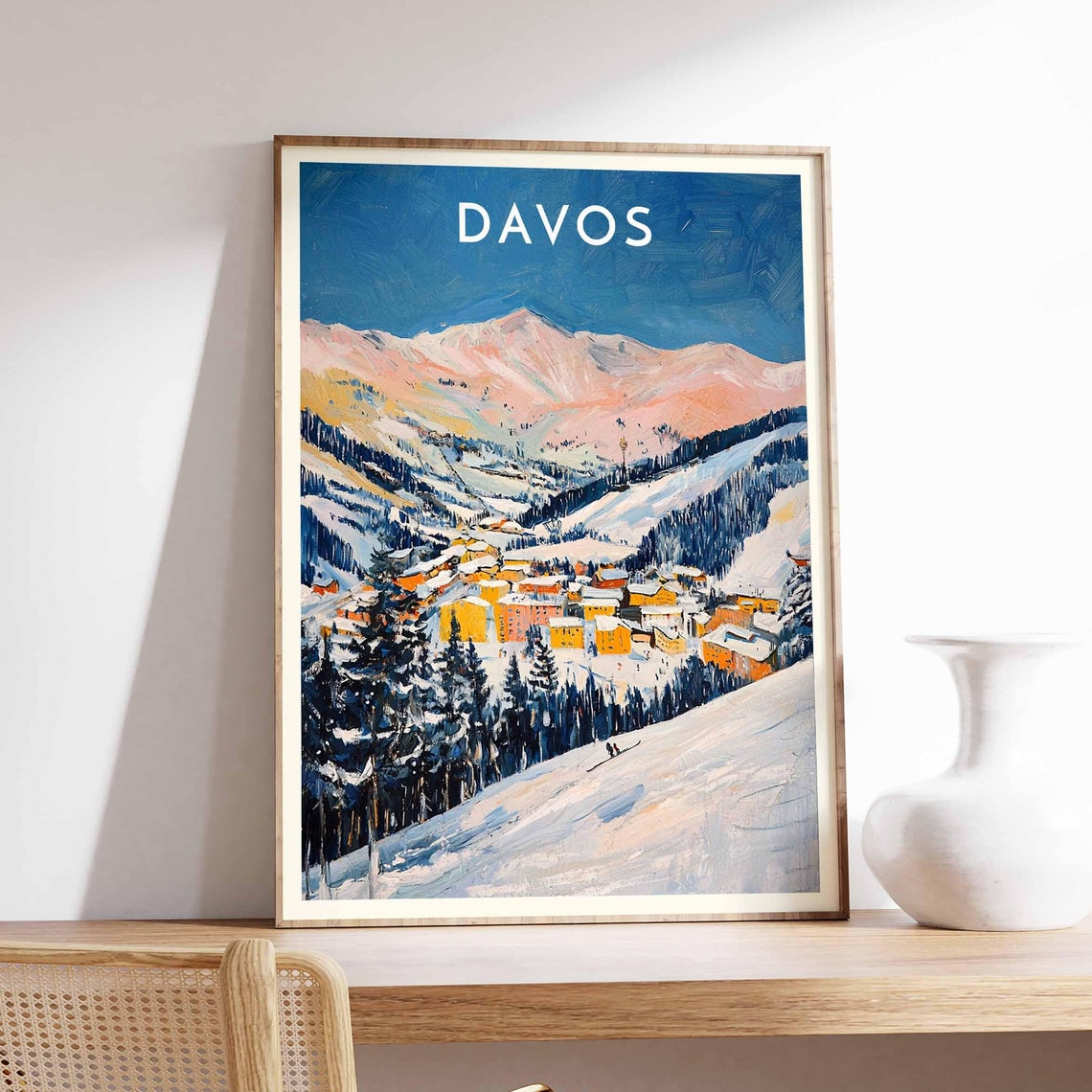 Davos Alpenglow Pink Peaks Over Golden Rooftop Town Valley Art Poster