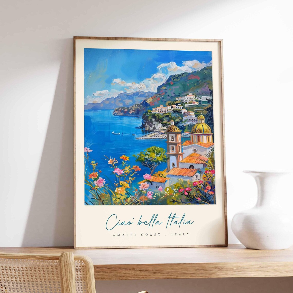 Amalfi Coast Domed Church Wildflowers Vibrant Italian Poster