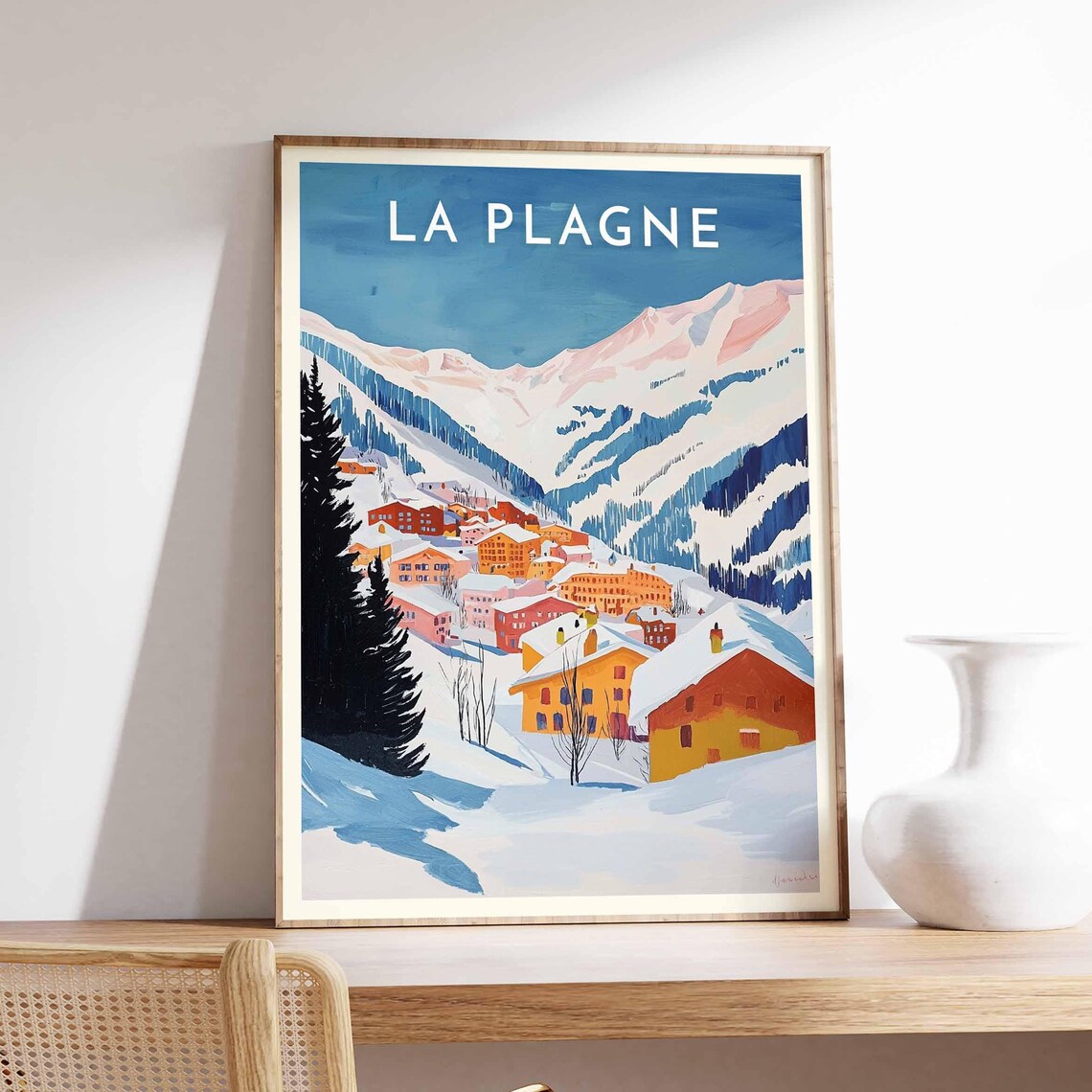 La Plagne Sunset Hues Poster with Village at Foot of Pink Peaks