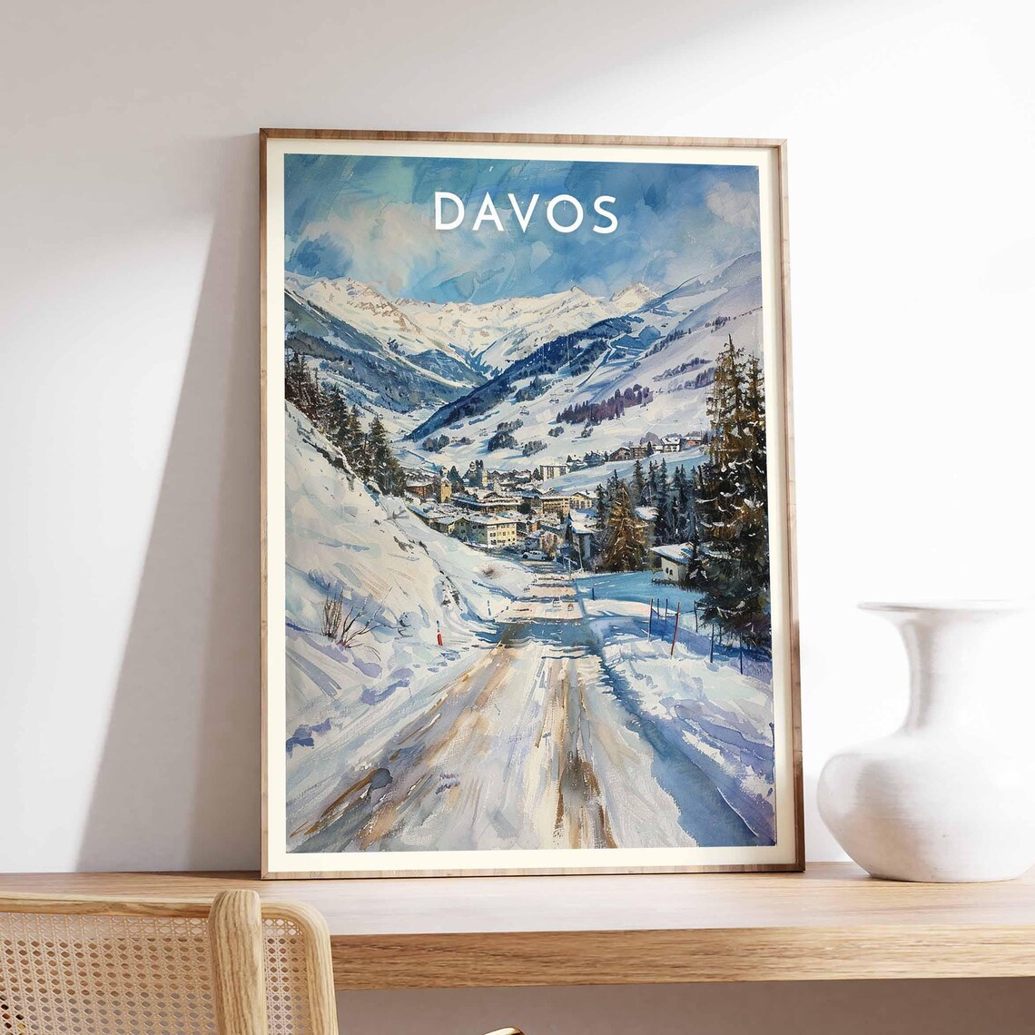 Davos Bright White Piste Leading to Town Sunny Winter Slope Poster - Image 2