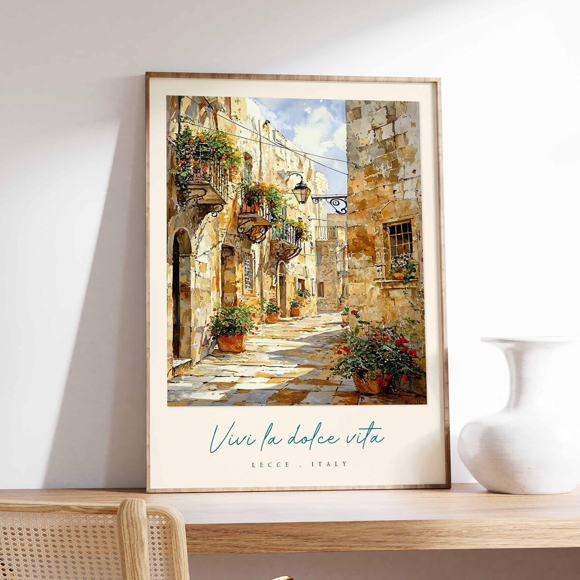 Lecce Italy Stone Alley Flower Balconies Watercolor Travel Poster