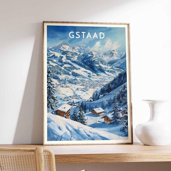 Gstaad Swiss Alpine Snowy Winter Peak Chalets Blue Sky Poster