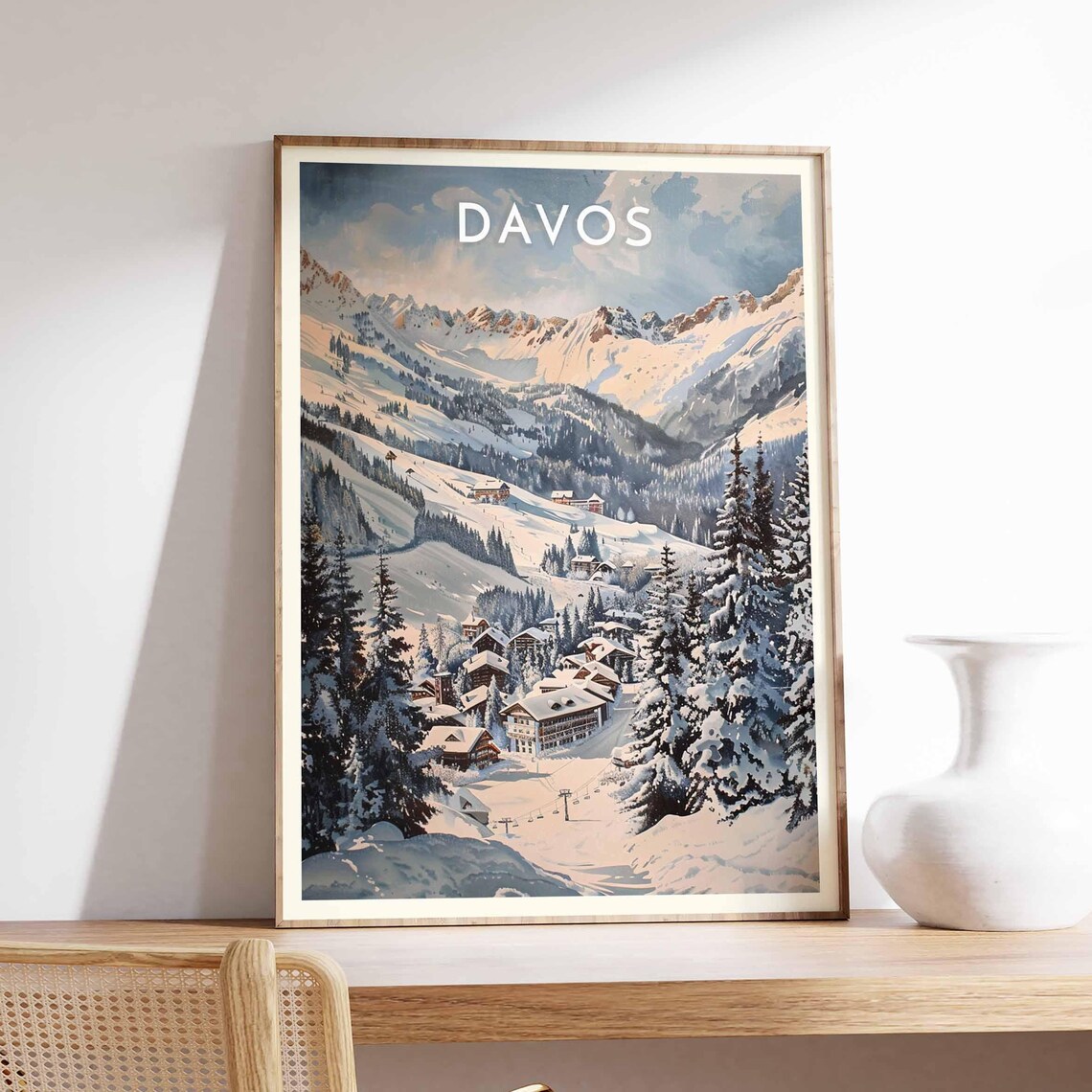 Davos Moonlit Valley Chairlifts Snowy Pines Night Ski Scene Poster