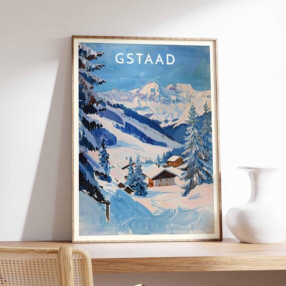 Gstaad Swiss Alpine Ski Slopes Chairlift Lines Winter Poster