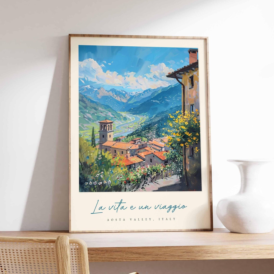 Aosta Valley Village Bell Tower Wide Valley Blue Peaks Poster