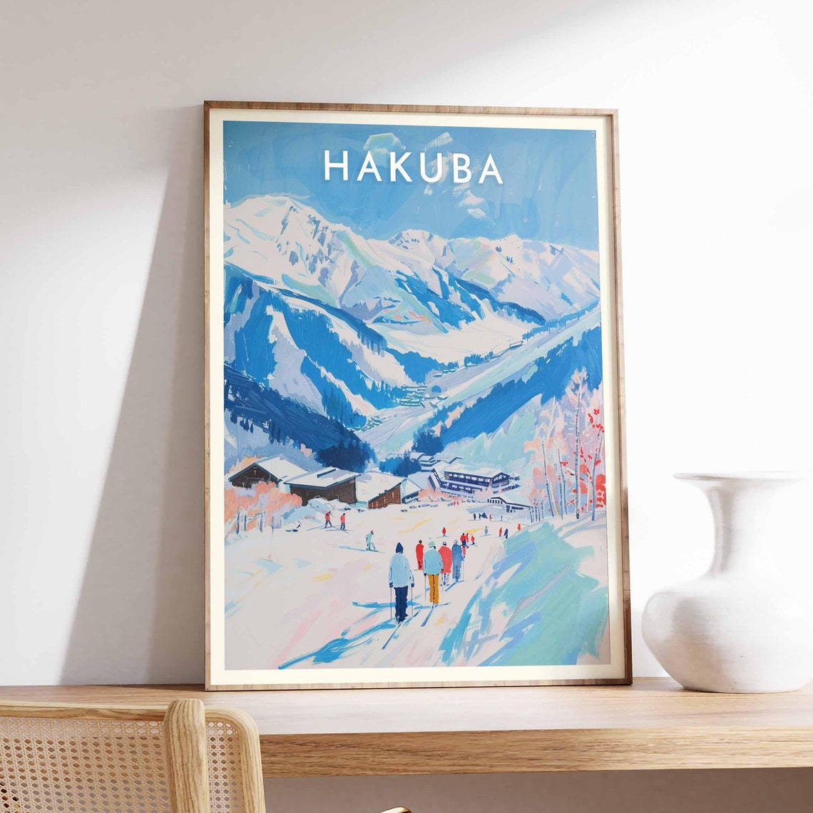 Hakuba Japan Skiers Alpine Trek Watercolor Travel Art Poster