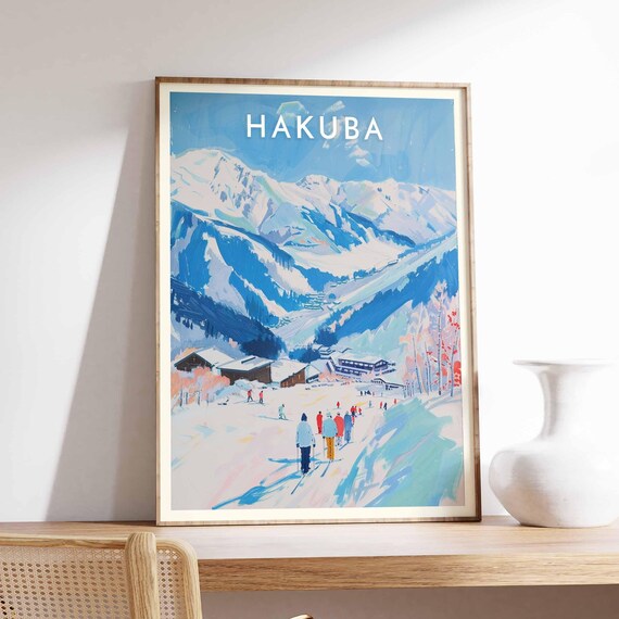 Hakuba Japan Skiers Alpine Trek Watercolor Travel Art Poster