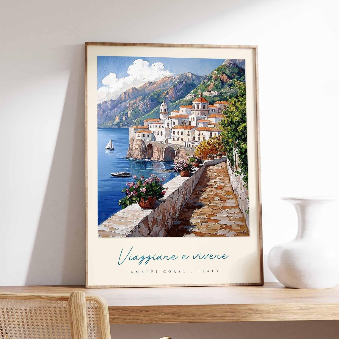 Viaggiare e Vivere Amalfi Coast Sailboat Harbor Travel Poster