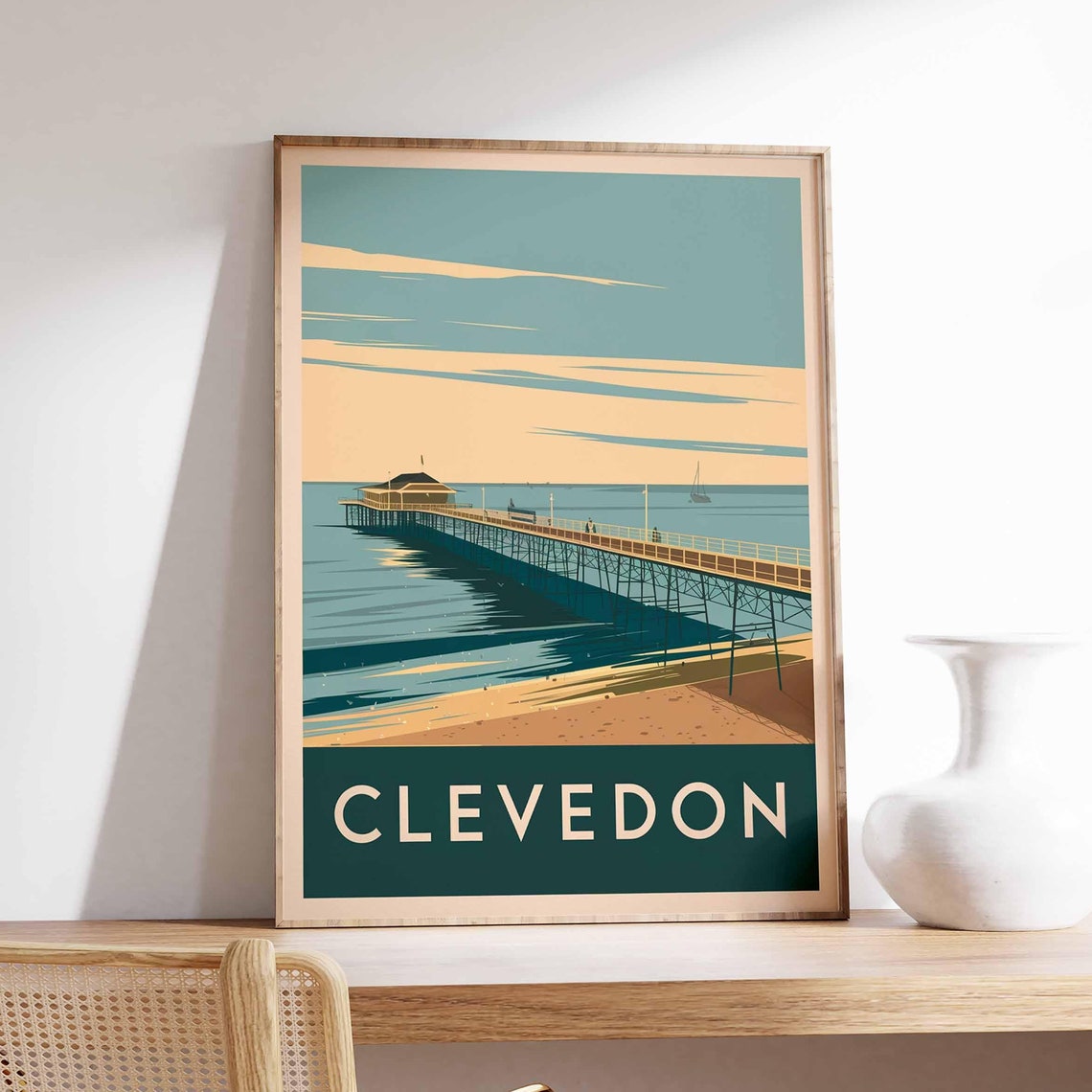 Clevedon England Historic Seaside Pier Coastal Sunset Travel Poster