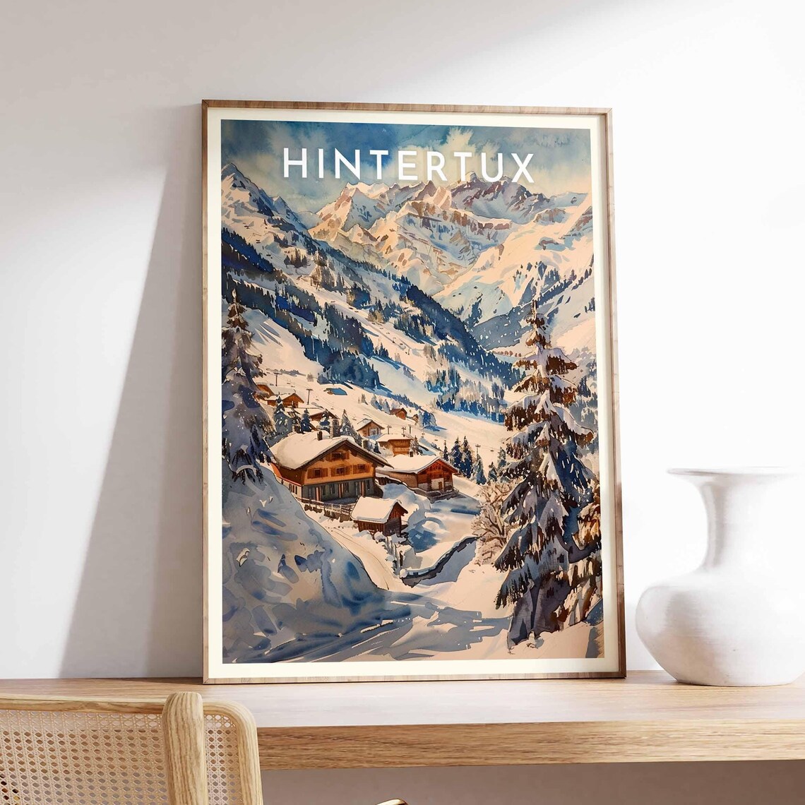 Hintertux Austria Painterly Snowy Chalets Among Pines Travel Poster