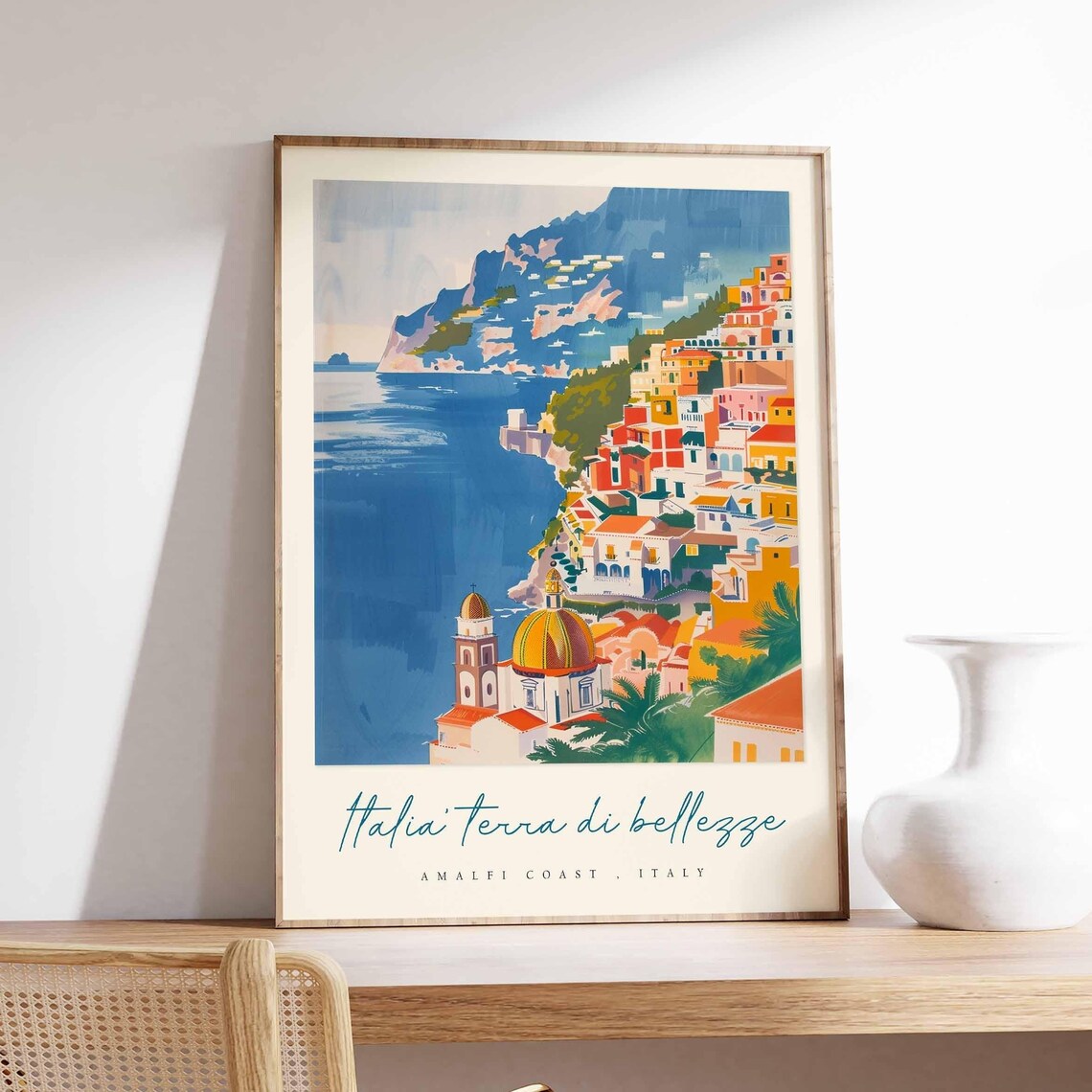 Amalfi Coast Colorful Cliffside Town Domed Church Travel Poster