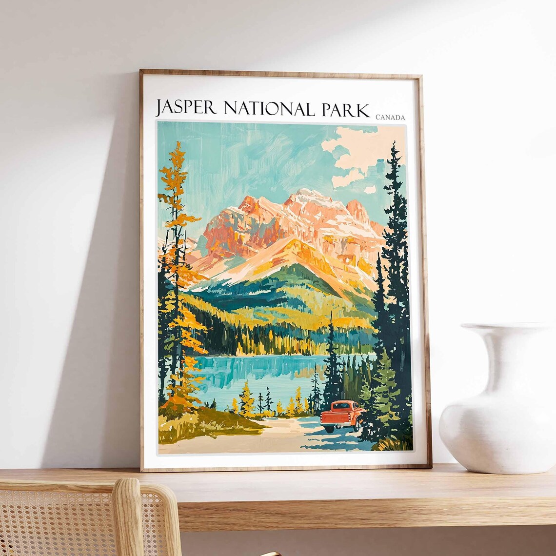 Jasper National Park Autumn Lakeside Red Truck Travel Poster