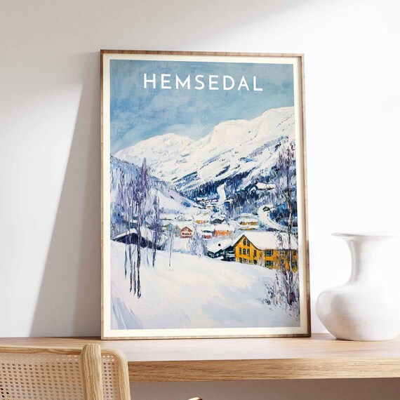 Hemsedal Norway Snowy Alpine Sunny Slopes Yellow Lodge Poster