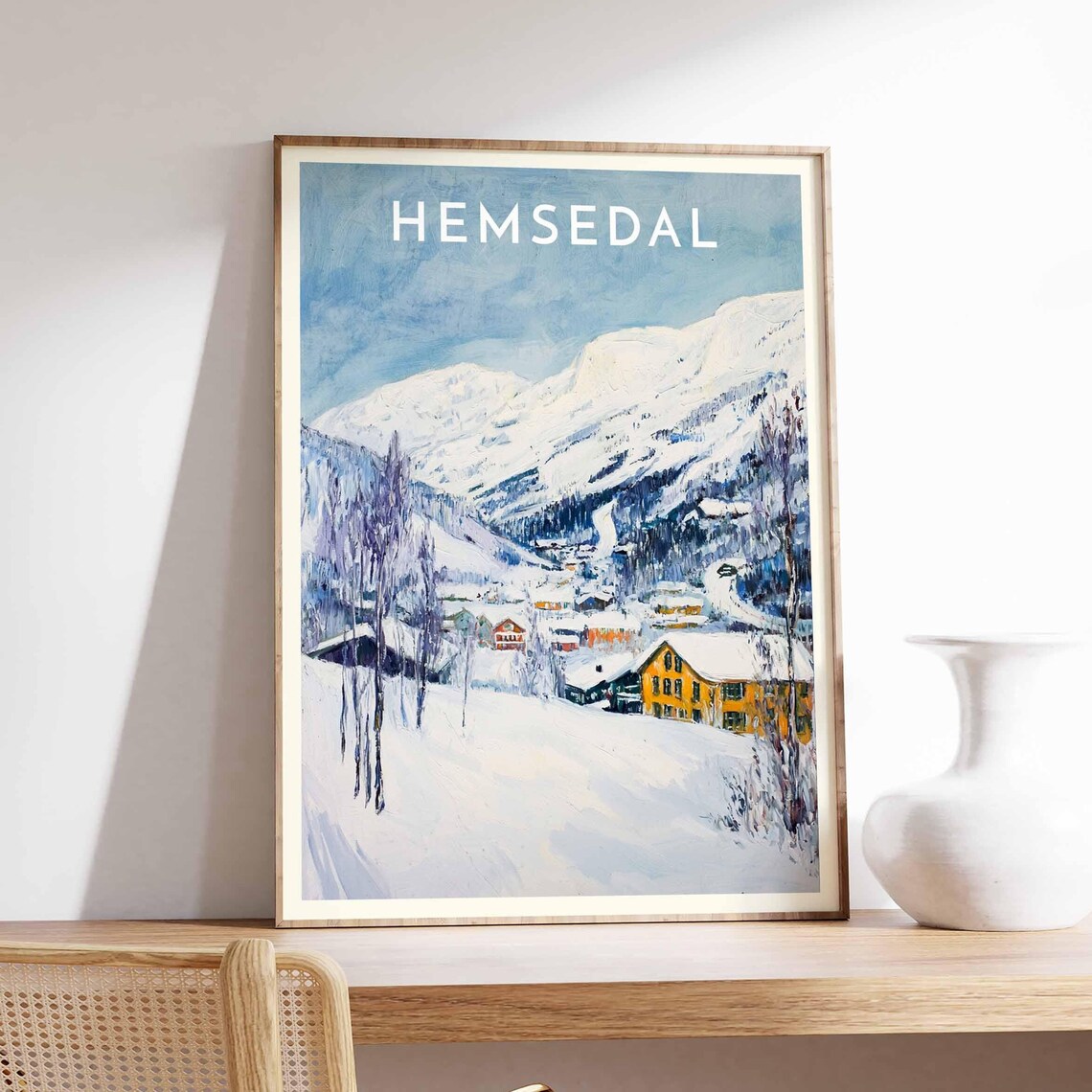 Hemsedal Norway Snowy Alpine Sunny Slopes Yellow Lodge Poster