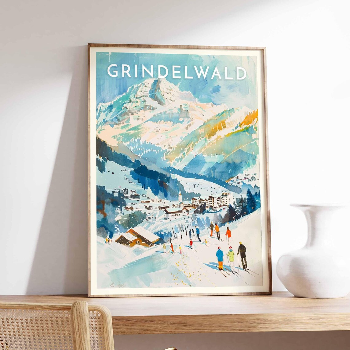 Grindelwald Alpine Snowy Winter Skiers Slope Village Peak Poster - Image 2