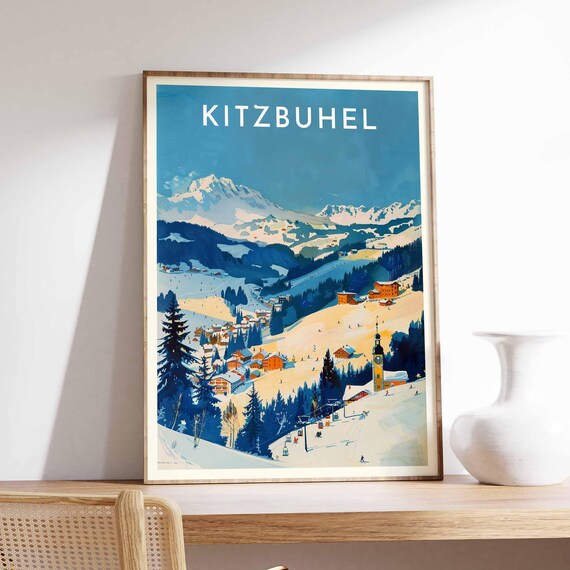 Kitzbuhel Austria Painterly Clock Tower Ski Lifts Village Poster