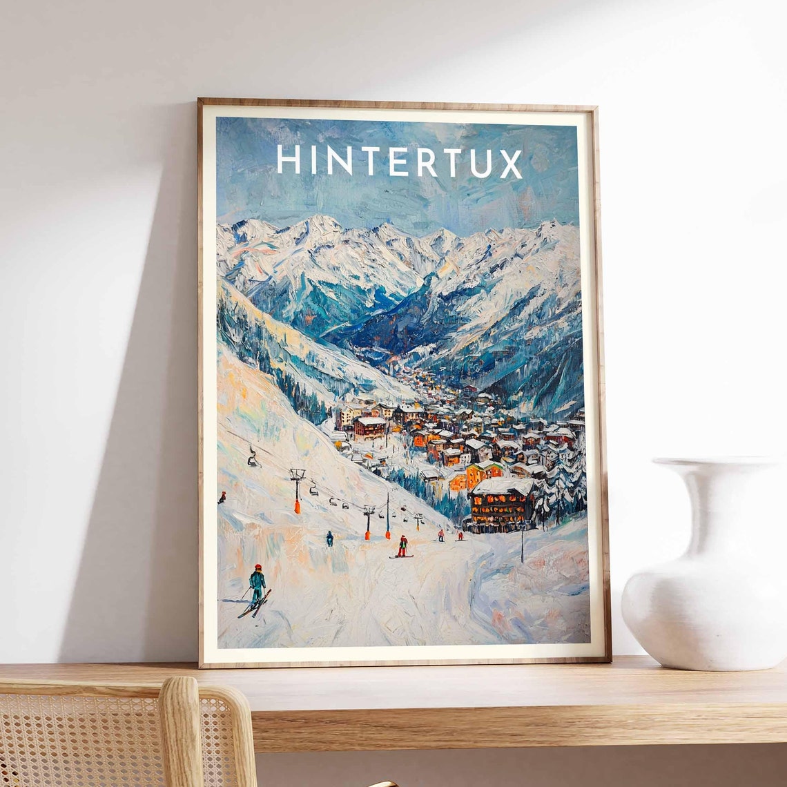 Hintertux Austria Painterly Skiers On Snowy Slopes Vintage Poster