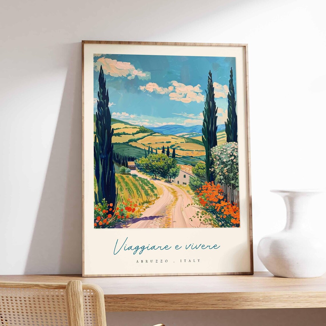 Abruzzo Italian Countryside Road Cypress Farmhouse Travel Poster