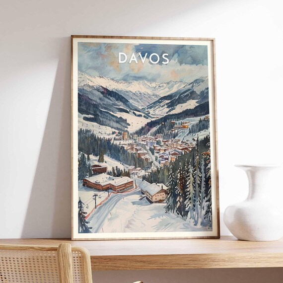 Davos Resort Base Chairlift Over Snowy Slopes Alpine Winter Art Poster