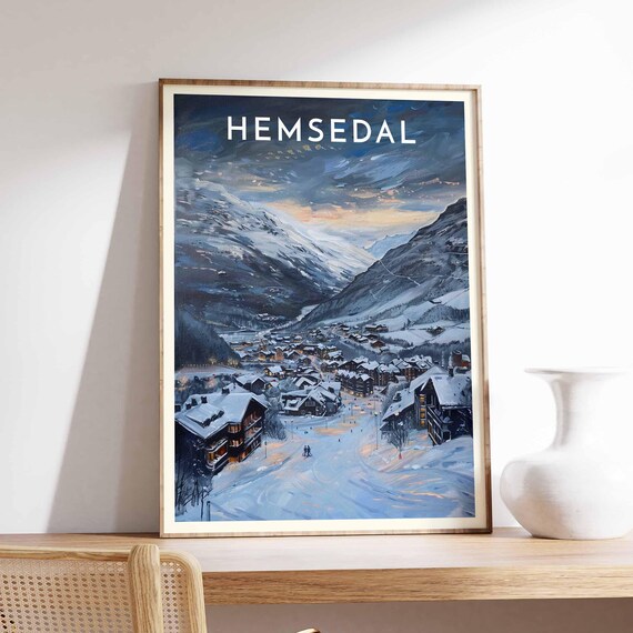 Hemsedal Norway Night Lights Snowy Village Winter Ski Poster