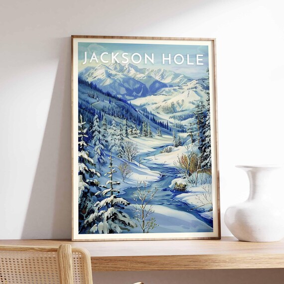 Jackson Hole Snowy Pine Forest Poster with Creek and Mountain Views