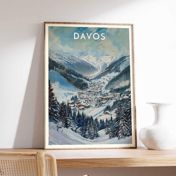 Davos Watercolor Valley Town Snowy Pines Soft Winter Scene Poster