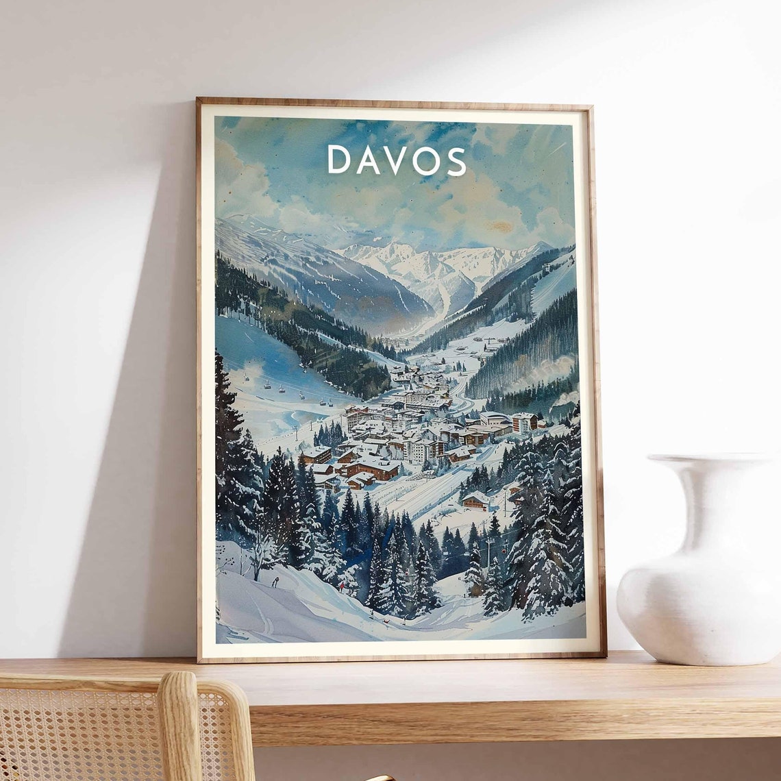 Davos Watercolor Valley Town Snowy Pines Soft Winter Scene Poster