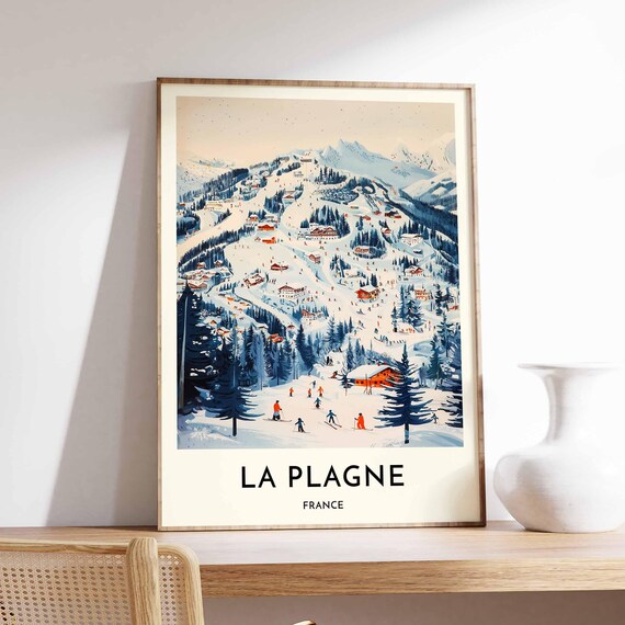 La Plagne France Ski Poster Retro Alpine Resort Mountain Map Art