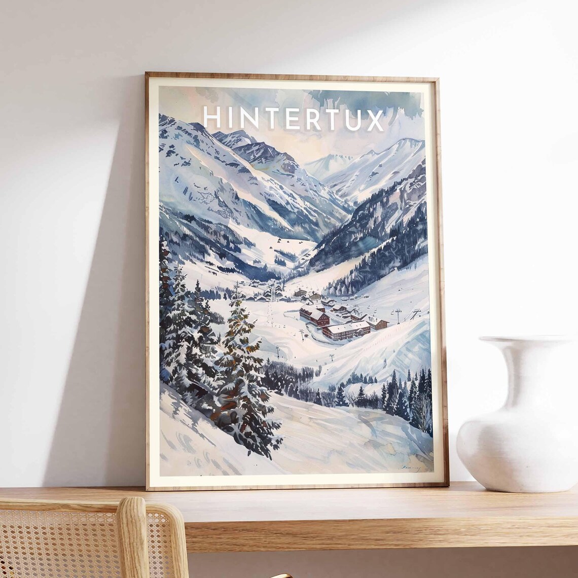 Hintertux Austria Painterly Snowy Valley Village Watercolor Poster