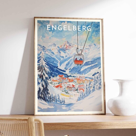 Engelberg Switzerland Watercolor Gondola Snowy Village Art Poster