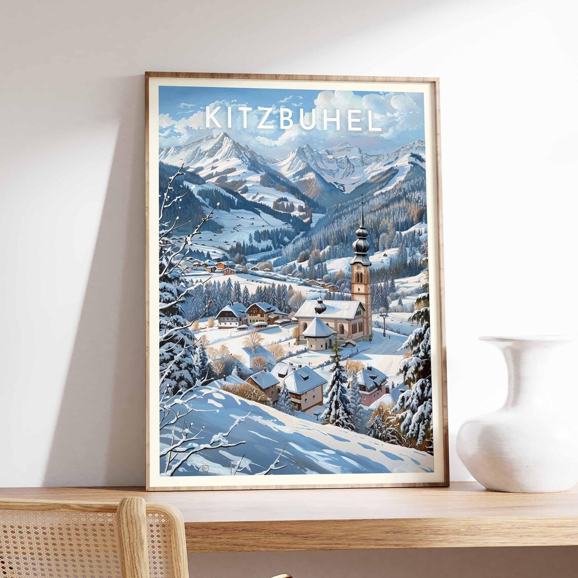Kitzbuhel Austria Painterly Onion Dome Church Chalets Travel Poster