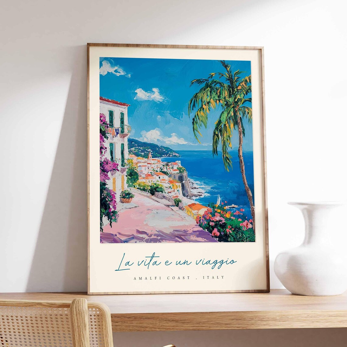Amalfi Coast White Houses Pink Street Bougainvillea Travel Poster