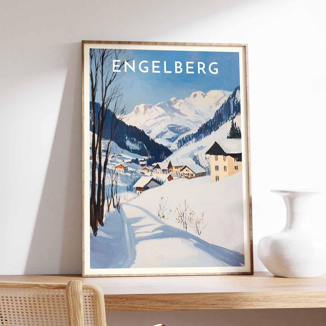 Engelberg Swiss Bare Trees Snowy Village Peaks Winter Poster