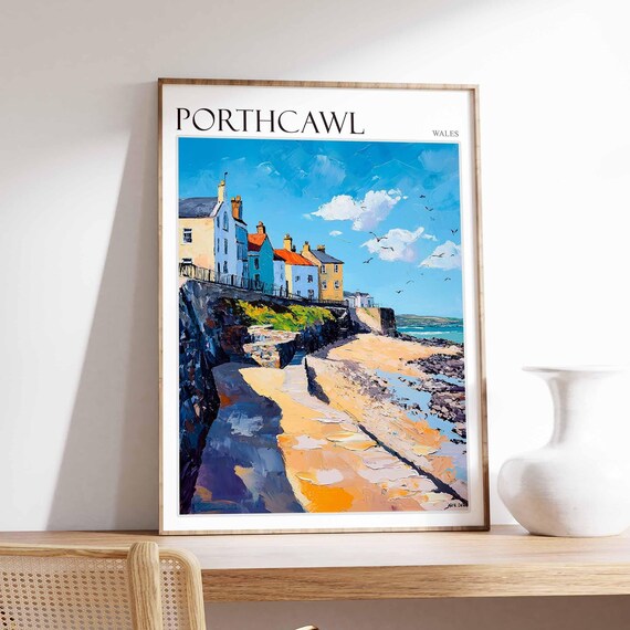 Porthcawl Wales Cliff Path Cottages Scene Vintage Travel Poster
