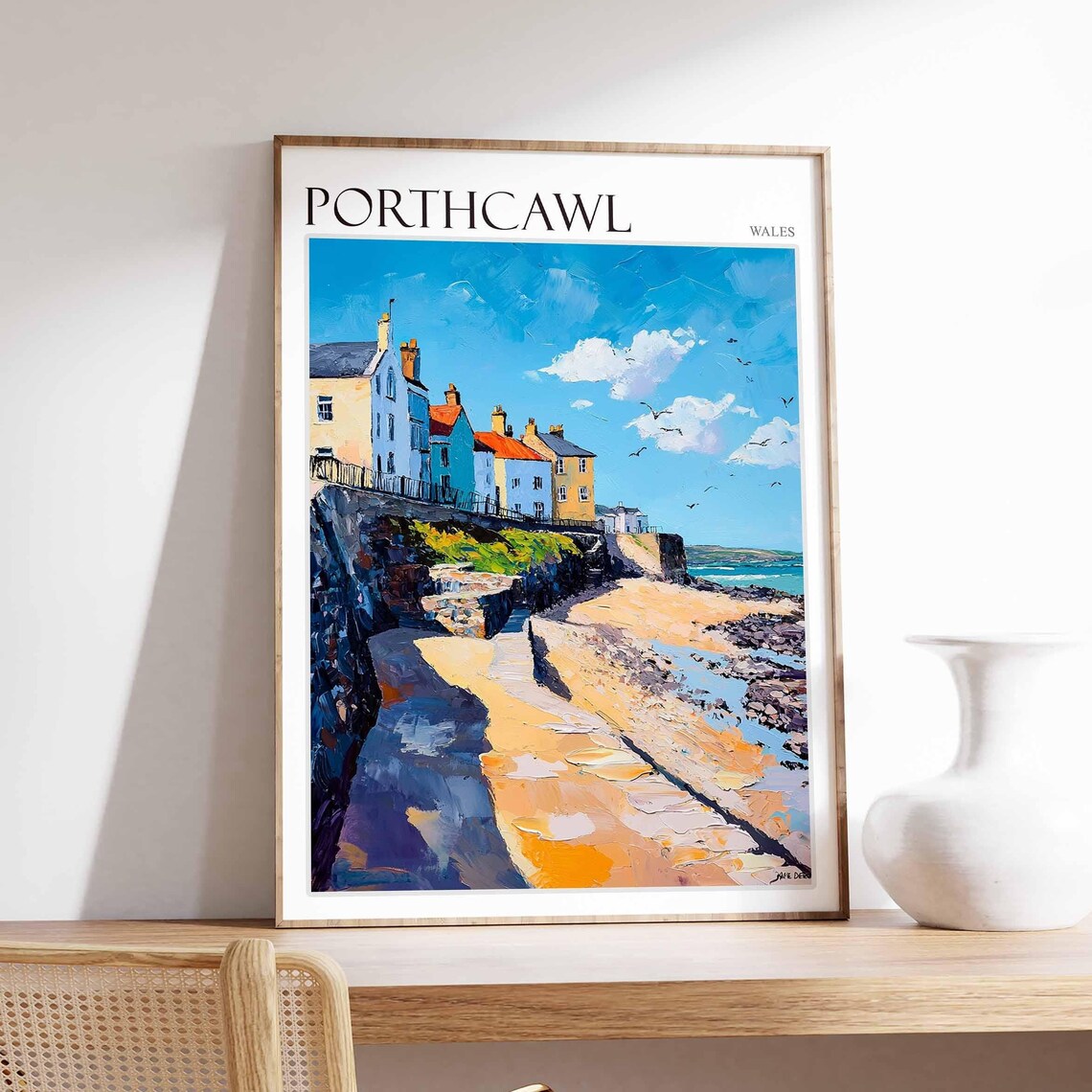Porthcawl Wales Cliff Path Cottages Scene Vintage Travel Poster