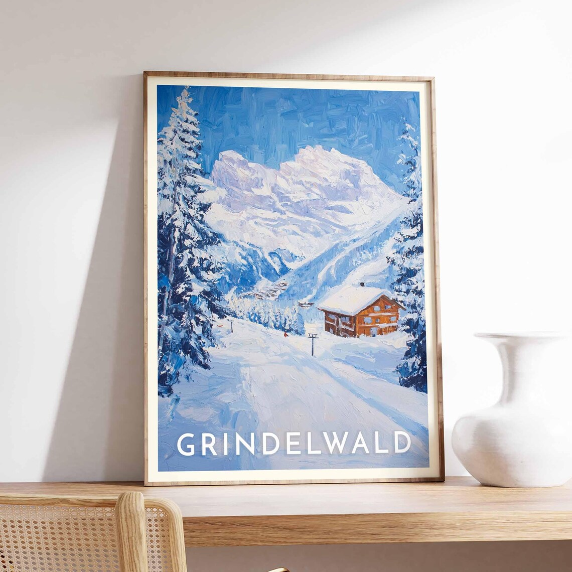 Grindelwald Alpine Lone Chalet Snowy Pines Peak Winter Poster