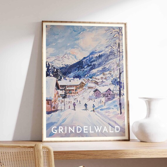 Grindelwald Alpine Village Street Skiers Chalets Winter Poster