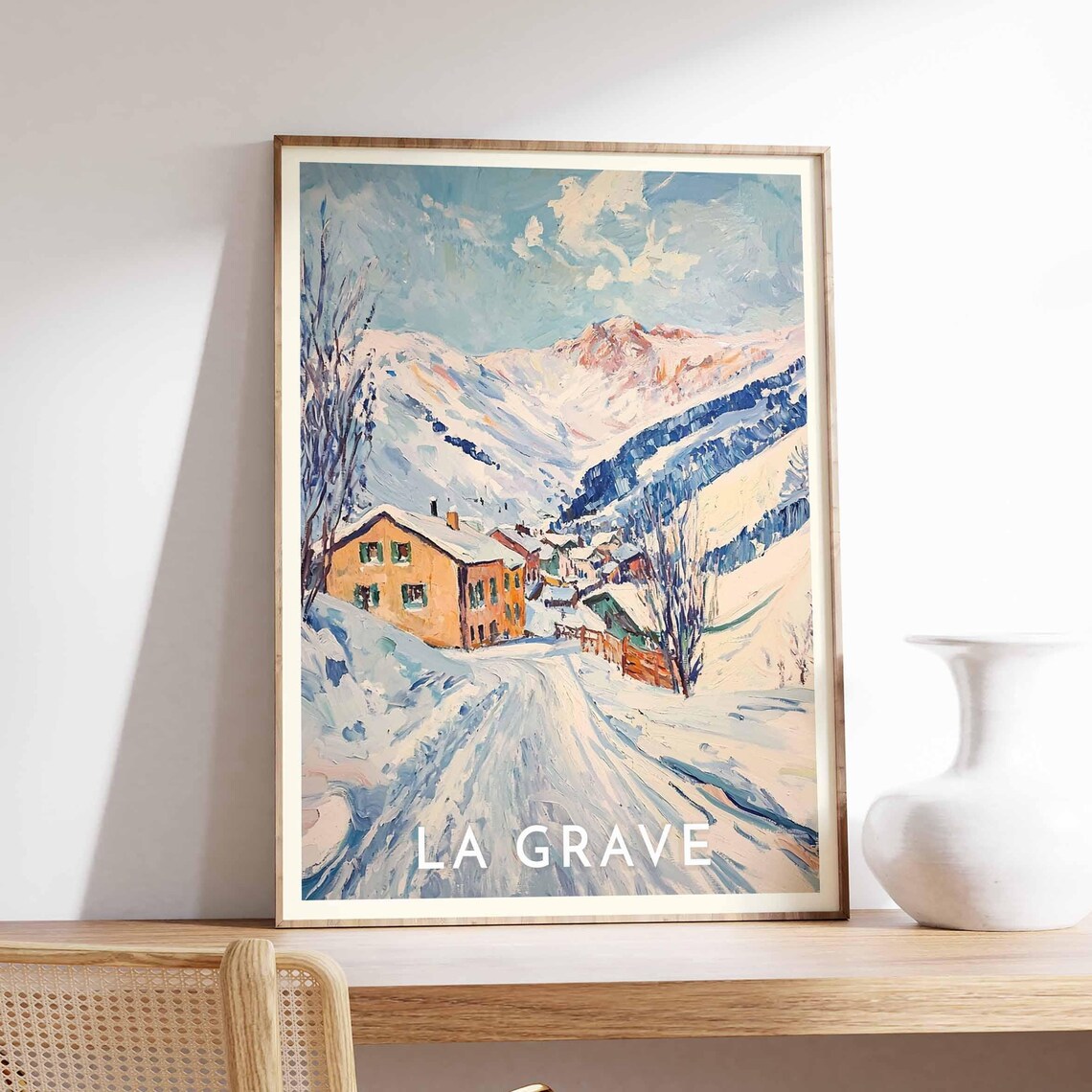 La Grave Alpine Chalet Poster with Snowy Road and Pink Peaks - Image 2
