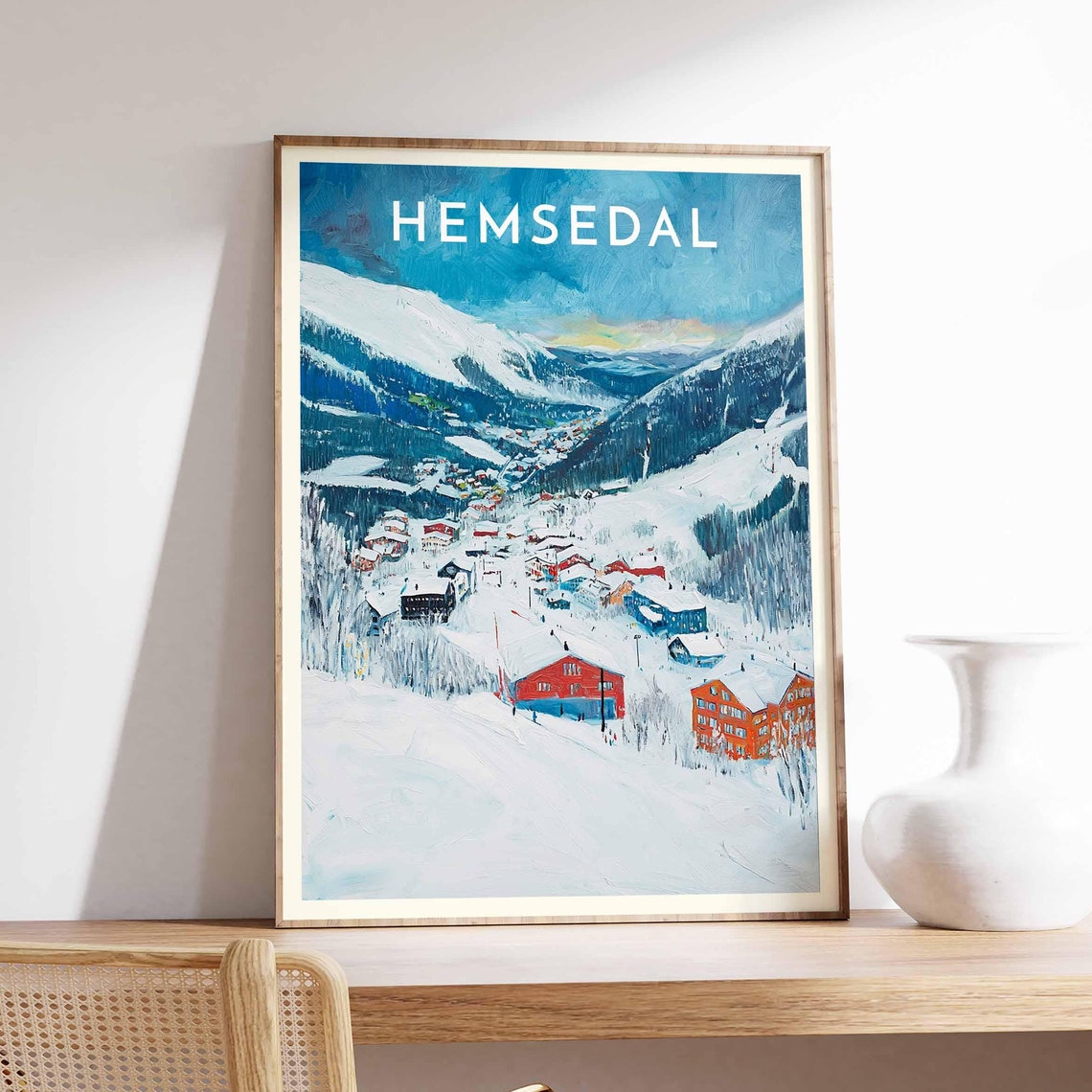 Hemsedal Norway Blue Winter Dusk Valley Red Lodges Snow Poster