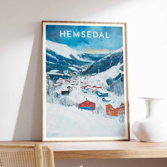 Hemsedal Norway Blue Winter Dusk Valley Red Lodges Snow Poster
