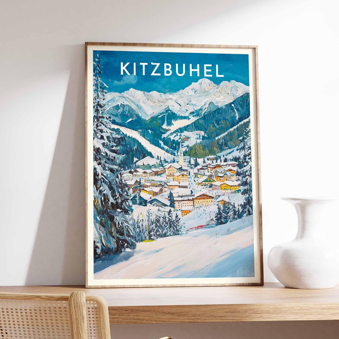 Kitzbuhel Austria Painterly Town Church Pine Slopes Vintage Poster