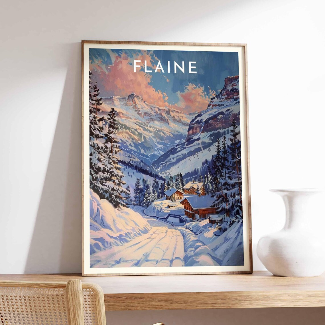 Flaine France Sunset Pink Clouds Piste Chalets Cliffs Poster