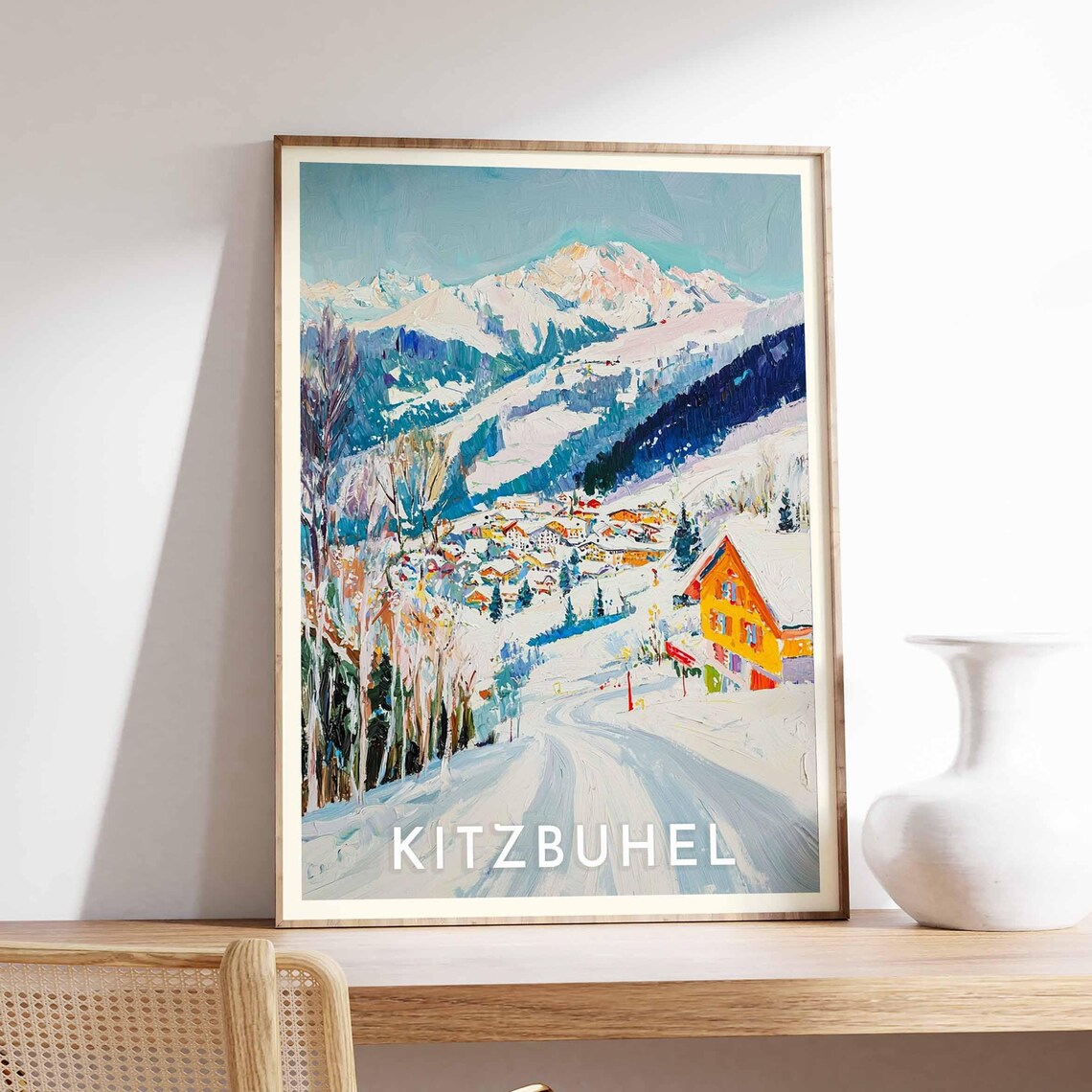Kitzbuhel Austria Painterly Snowy Road Yellow Chalet Travel Poster