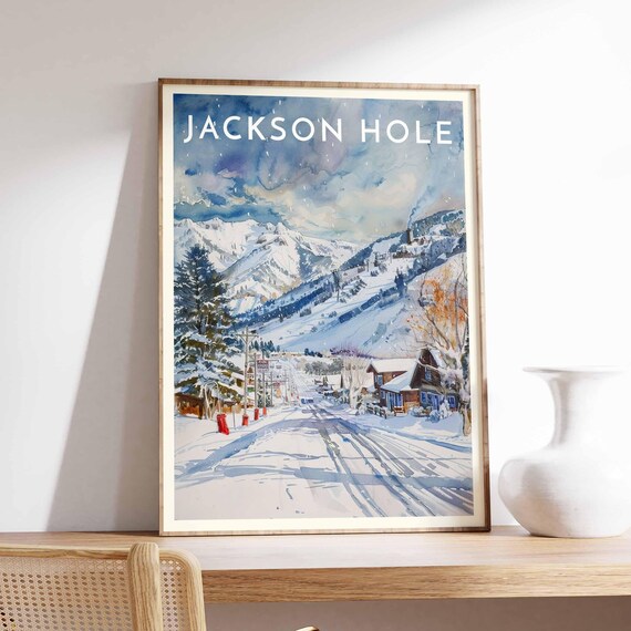 Jackson Hole Snowy Village Street Poster in Blue Watercolor Style