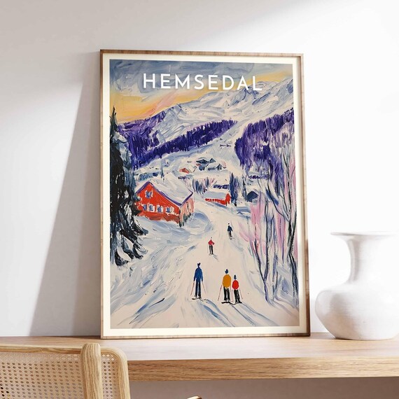 Hemsedal Norway Skiers Red Cabins Purple Mountains Dusk Poster