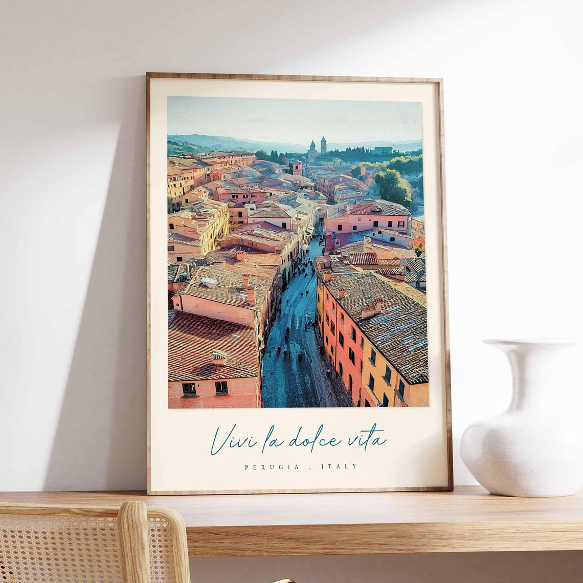 Perugia Italy Aerial Rooftops City Skyline Artwork Travel Poster