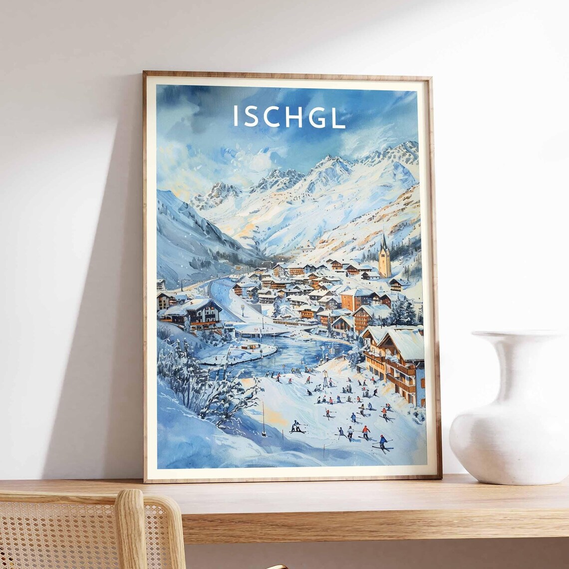Ischgl Austria Church Spire Village Skiers Piste Winter Poster